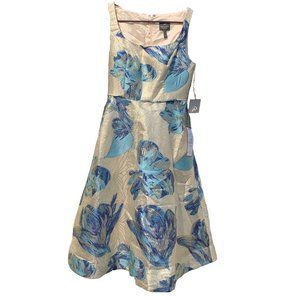 Adrianna Papell Drop Torso Jacquard Gold and Blue Floral Women's Dress Size 2